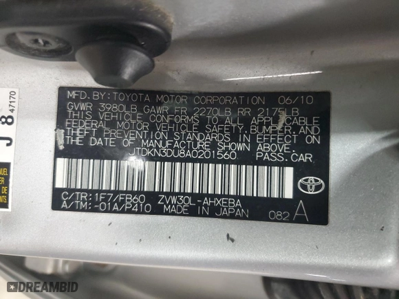 2010 Toyota Prius II with VIN JTDKN3DU8A0201560, listed as a Copart auction lot 53811865 with 219,234 mi miles and Clean Title. Bid and sale history available at carsss.com. Image 12.