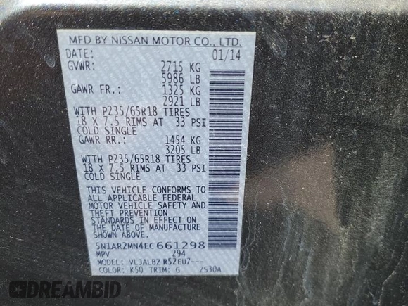 2014 Nissan Pathfinder SL with VIN 5N1AR2MN4EC661298, listed as a Copart auction lot 51632465 with 134,477 mi miles and Salvage Title. Bid and sale history available at DreamBid. Image 12.