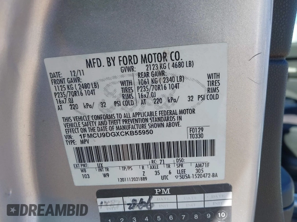 2012 Ford Escape XLT с VIN 1FMCU9DGXCKB55950, выставлен на аукционе IAAI как лот 42490173 с пробегом 221 795 миль миль и . История ставок и продаж доступна на DreamBid. Изображение 9.