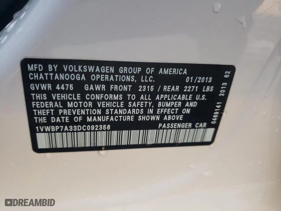 2013 Volkswagen Passat SE w/Sunroof & Nav with VIN 1VWBP7A33DC092356, listed as a Copart auction lot 82419104 with NaN miles and Salvage Title. Bid and sale history available at carsss.com. Image 12.