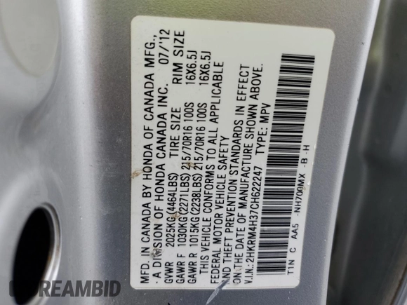 2012 Honda CR-V LX with VIN 2HKRM4H37CH622247, listed as a Copart auction lot 60169025 with 152,236 mi miles and Clean title. Bid and sale history available at DreamBid. Image 13.