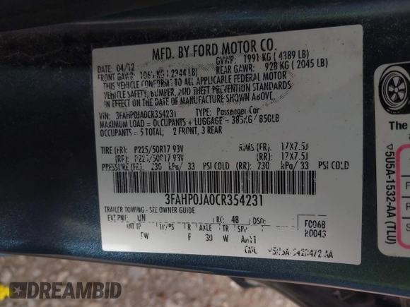 2012 Ford Fusion SEL with VIN 3FAHP0JA0CR354231, listed as a IAAI auction lot 41837055 with 130,745 mi miles and . Bid and sale history available at carsss.com. Image 9.