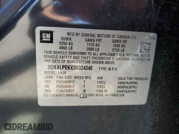 2013 Chevrolet Equinox LT z VIN 2GNALPEKXD6324348, wystawiony jako Copart lot #58728105 z przebiegiem 108 010 mil mil oraz Szkoda całkowita • Salvage title. Historia ofert i sprzedaży dostępna na DreamBid. Obrazek 14.