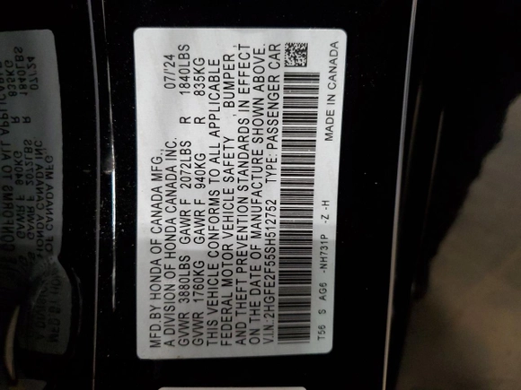 2025 Honda Civic Sport with VIN 2HGFE2F55SH512752, listed as a Copart auction lot 52079535 with 11,804 mi miles and Salvage Title. Bid and sale history available at carsss.com. Image 14.