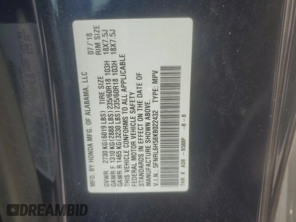 2019 Honda Odyssey EX with VIN 5FNRL6H58KB022432, listed as a Copart auction lot 61501254 with 91,979 mi miles and Non Repairable. Bid and sale history available at carsss.com. Image 13.