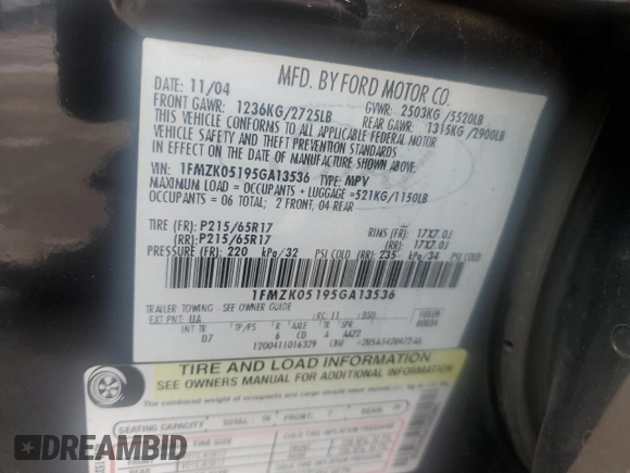 2005 Ford Freestyle SEL with VIN 1FMZK05195GA13536, listed as a Copart auction lot 62937665 with 278,120 mi miles and Salvage title. Bid and sale history available at DreamBid. Image 12.
