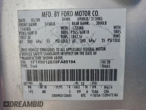 2009 Ford F-150 XL with VIN 1FTRW128X9FA85194, listed as a Copart auction lot 47209825 with 221,445 mi miles and Salvage Title. Bid and sale history available at carsss.com. Image 13.