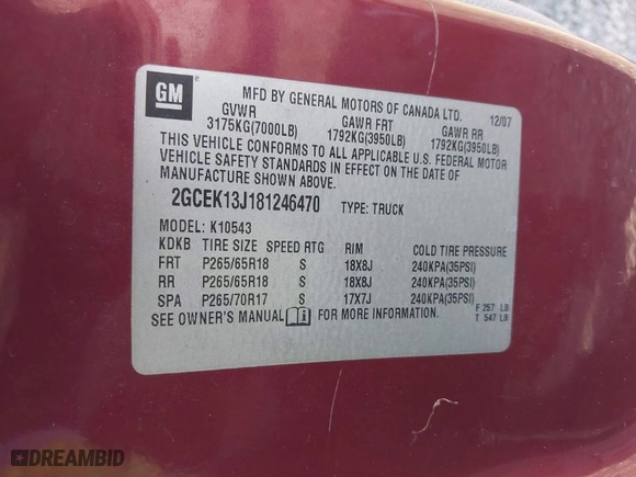 2008 Chevrolet Silverado 1500 LT w/1LT with VIN 2GCEK13J181246470, listed as a IAAI auction lot 40390209 with 195,631 mi miles. Bid and sale history available at carsss.com. Image 9.
