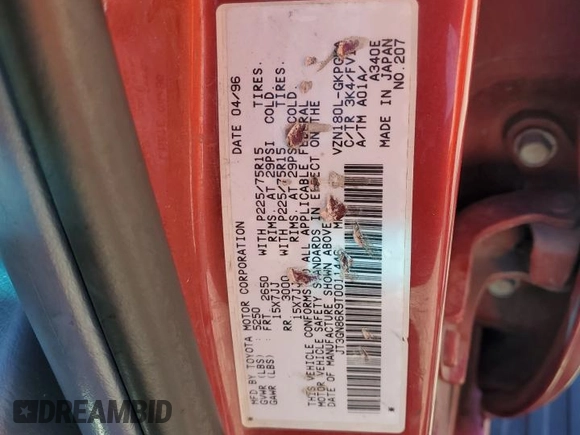 1996 Toyota 4Runner SR5 with VIN JT3GN86R9T0011446, listed as a Copart auction lot 56410685 with 170,191 mi miles and Salvage title. Bid and sale history available at DreamBid. Image 12.