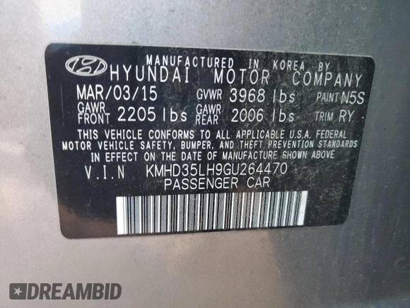 2016 Hyundai Elantra with VIN KMHD35LH9GU264470, listed as a Copart auction lot 83050964 with 87,931 mi miles and Salvage Title. Bid and sale history available at DreamBid. Image 13.