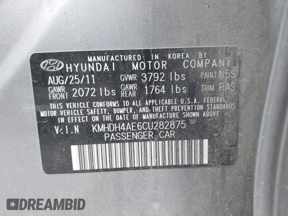 2012 Hyundai Elantra Limited with VIN KMHDH4AE6CU282875, listed as a IAAI auction lot 42341052 with 215,231 mi miles and . Bid and sale history available at DreamBid. Image 9.