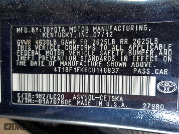 2012 Toyota Camry L with VIN 4T1BF1FK6CU146837, listed as a Copart auction lot 49733995 with 127,131 mi miles and Salvage Title. Bid and sale history available at carsss.com. Image 12.