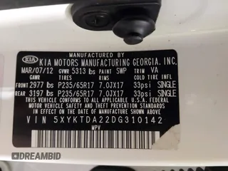 2013 Kia Sorento LX with VIN 5XYKTDA22DG310142, listed as a IAAI auction lot 41677417 with 234,661 mi miles. Bid and sale history available at carsss.com. Image 9.