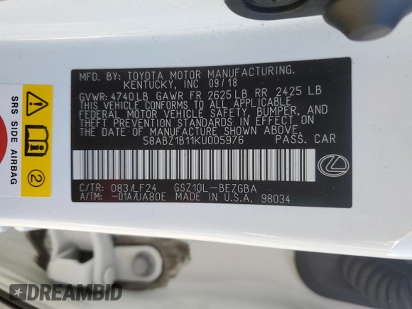 2019 Lexus ES 350 with VIN 58ABZ1B11KU005976, listed as a Copart auction lot 80790654 with 102,408 mi miles and Salvage Title. Bid and sale history available at DreamBid. Image 13.