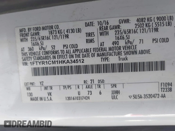 2017 Ford Transit с VIN 1FTYR1CM1HKA34512, выставлен на аукционе IAAI как лот 41621307 с пробегом 215 205 миль миль и . История ставок и продаж доступна на DreamBid. Изображение 9.