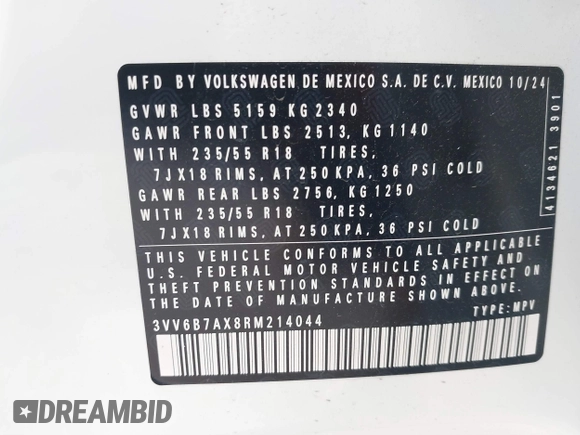 2024 Volkswagen Tiguan Wolfsburg Edition z VIN 3VV6B7AX8RM214044, wystawiony jako IAAI lot #41676715 z przebiegiem 2 167 mil mil oraz . Historia ofert i sprzedaży dostępna na DreamBid. Obrazek 9.