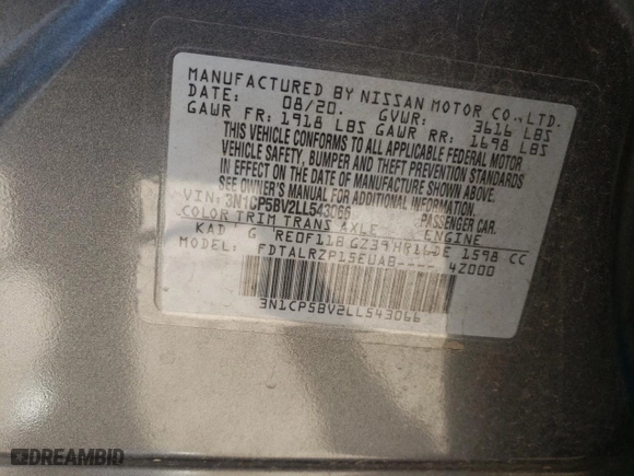 2020 Nissan Kicks S with VIN 3N1CP5BV2LL543066, listed as a Copart auction lot 48821845 with 55,244 mi miles and Salvage Title. Bid and sale history available at carsss.com. Image 15.