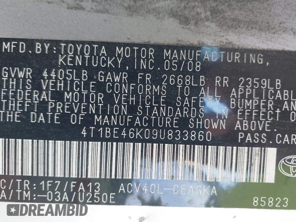 2009 Toyota Camry with VIN 4T1BE46K09U833860, listed as a IAAI auction lot 41756753 with 168,813 mi miles. Bid and sale history available at carsss.com. Image 9.