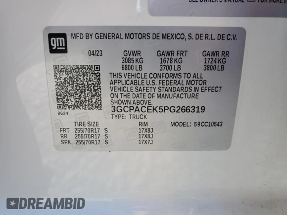 2023 Chevrolet Silverado 1500 LT with VIN 3GCPACEK5PG266319, listed as a Copart auction lot 89367655 with Not Provided miles and Salvage Title. Bid and sale history available at DreamBid. Image 12.