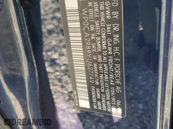 2000 Porsche Boxster с VIN WP0CA2989YU627749, выставлен на аукционе Copart как лот 54054305 с пробегом 189 173 миль миль и Списание • Salvage title. История ставок и продаж доступна на DreamBid. Изображение 12.