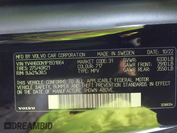 2023 Volvo XC90 Plus with VIN YV4H600N1P1931864, listed as a IAAI auction lot 41441737 with 31,429 mi miles and . Bid and sale history available at DreamBid. Image 9.
