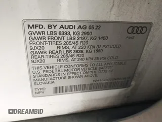 2022 Audi Q7 Premium Plus with VIN WA1LJBF75ND018515, listed as a IAAI auction lot 41413527 with 62,123 mi miles and . Bid and sale history available at DreamBid. Image 9.