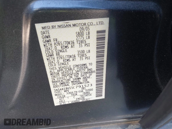 2005 Nissan Pathfinder SE with VIN 5N1AR18U55C791523, listed as a IAAI auction lot 41848499 with 247,768 mi miles. Bid and sale history available at carsss.com. Image 9.