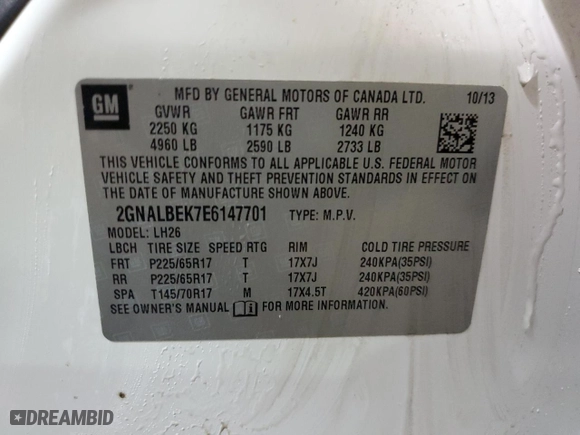 2014 Chevrolet Equinox LT with VIN 2GNALBEK7E6147701, listed as a Copart auction lot 50828915 with 121,549 mi miles and Clean Title. Bid and sale history available at carsss.com. Image 14.