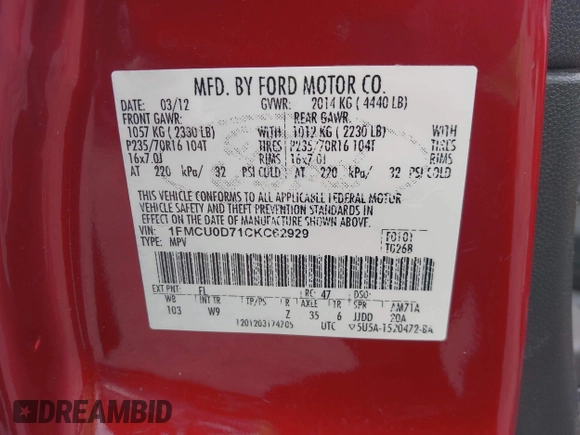 2012 Ford Escape XLT with VIN 1FMCU0D71CKC62929, listed as a IAAI auction lot 42523879 with 143,533 mi miles and . Bid and sale history available at DreamBid. Image 9.