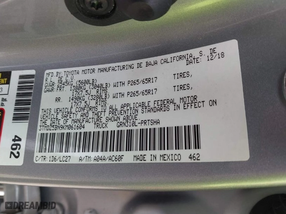 2019 Toyota Tacoma 4WD SR5 with VIN 3TMDZ5BN9KM061604, listed as a IAAI auction lot 41274995 with 87,834 mi miles. Bid and sale history available at carsss.com. Image 9.