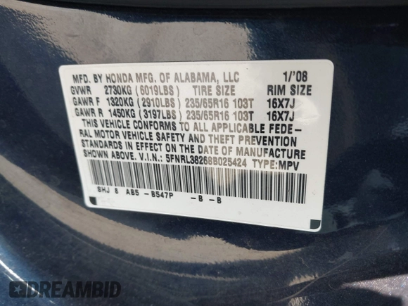 2008 Honda Odyssey LX with VIN 5FNRL38268B025424, listed as a IAAI auction lot 42432326 with 210,644 mi miles and . Bid and sale history available at DreamBid. Image 9.
