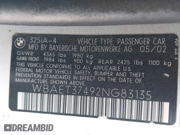 2002 BMW 3 Series 325i with VIN WBAET37492NG83135, listed as a IAAI auction lot 42028502 with 184,216 mi miles. Bid and sale history available at carsss.com. Image 9.