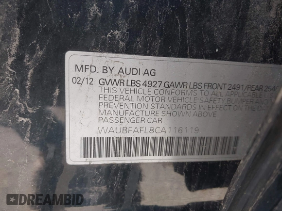 2012 Audi A4 2.0T Premium with VIN WAUBFAFL8CA116119, listed as a IAAI auction lot 42129077 with 167,839 mi miles. Bid and sale history available at carsss.com. Image 9.