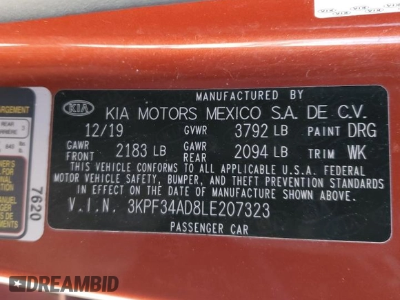 2020 Kia Forte GT-Line with VIN 3KPF34AD8LE207323, listed as a Copart auction lot 45308585 with 113,961 mi miles and Salvage Title. Bid and sale history available at carsss.com. Image 14.