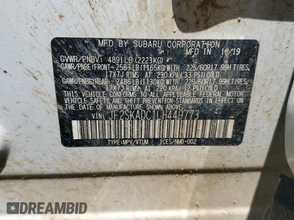 2020 Subaru Forester with VIN JF2SKADC1LH449773, listed as a Copart auction lot 55534575 with 73,822 mi miles and Salvage title. Bid and sale history available at DreamBid. Image 13.