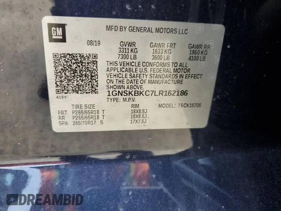 2020 Chevrolet Tahoe LT with VIN 1GNSKBKC7LR162186, listed as a Copart auction lot 56729325 with 114,210 mi miles and Salvage title. Bid and sale history available at DreamBid. Image 13.
