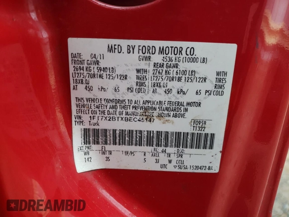 2011 Ford F-250 XL with VIN 1FT7X2BTXBEC45147, listed as a Copart auction lot 44490795 with 242,070 mi miles and Salvage Title. Bid and sale history available at DreamBid. Image 13.