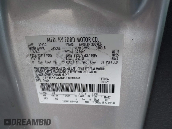 2011 Ford F-150 XL with VIN 1FTEX1CM6BFA50553, listed as a IAAI auction lot 41935449 with 270,793 mi miles. Bid and sale history available at carsss.com. Image 9.