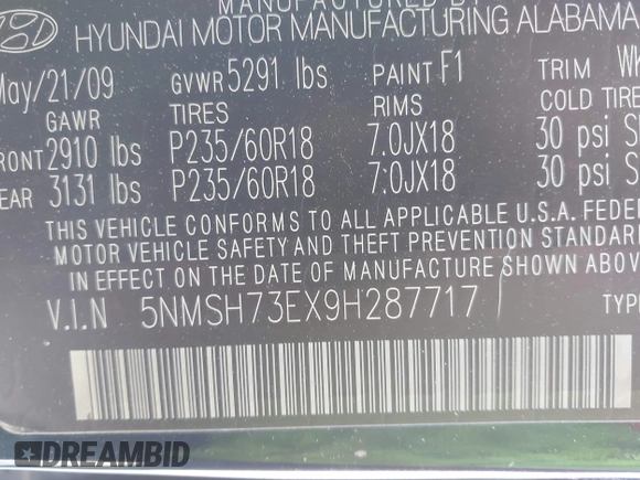 2009 Hyundai Santa Fe SE with VIN 5NMSH73EX9H287717, listed as a IAAI auction lot 41967338 with 179,859 mi miles and . Bid and sale history available at DreamBid. Image 9.
