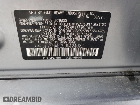 2013 Subaru Forester X Limited with VIN JF2SHAEC9DH424022, listed as a Copart auction lot 63052205 with 118,970 mi miles and Salvage title. Bid and sale history available at DreamBid. Image 13.