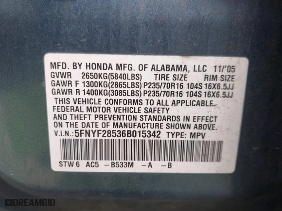 2006 Honda Pilot EX-L with VIN 5FNYF28536B015342, listed as a IAAI auction lot 41745176 with 1 mi miles. Bid and sale history available at carsss.com. Image 9.
