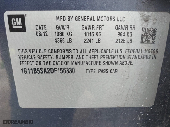 2013 Chevrolet Malibu LS with VIN 1G11B5SA2DF156330, listed as a IAAI auction lot 42039271 with 193,798 mi miles. Bid and sale history available at carsss.com. Image 9.