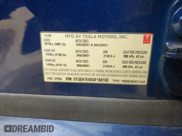 2016 Tesla Model S 90D with VIN 5YJSA1E4XGF168165, listed as a IAAI auction lot 42220139 with Not provided miles and . Bid and sale history available at DreamBid. Image 8.