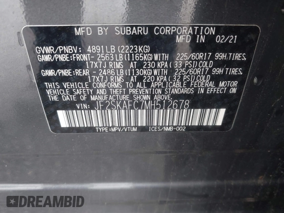2021 Subaru Forester Premium with VIN JF2SKAFC7MH512678, listed as a IAAI auction lot 42375806 with 33,072 mi miles and . Bid and sale history available at DreamBid. Image 9.