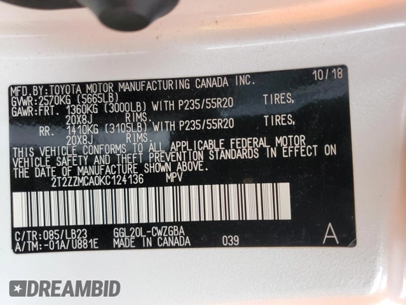 2019 Lexus RX with VIN 2T2ZZMCA0KC124136, listed as a Copart auction lot 68439982 with 72,179 mi miles. Bid and sale history available at carsss.com. Image 13.