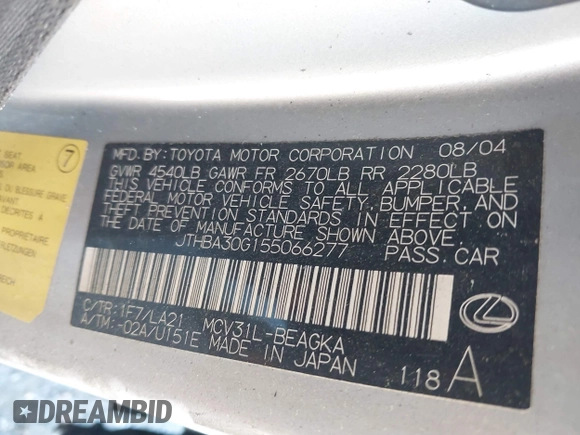 2005 Lexus ES 350 with VIN JTHBA30G155066277, listed as a IAAI auction lot 41843445 with Not provided miles and . Bid and sale history available at DreamBid. Image 9.