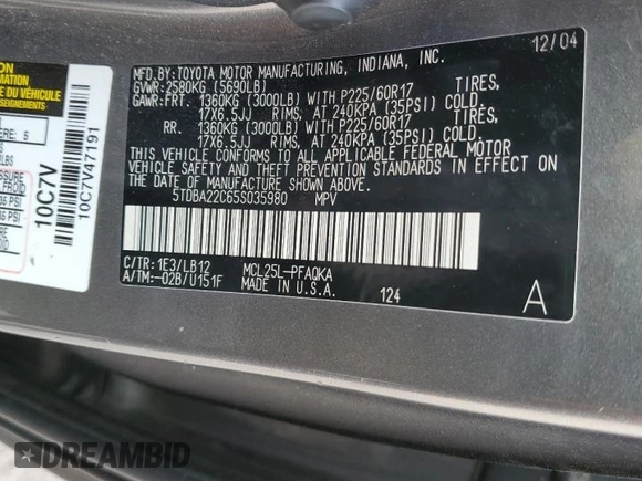 2005 Toyota Sienna XLE with VIN 5TDBA22C65S035980, listed as a Copart auction lot 54448335 with 292,194 mi miles and Salvage Title. Bid and sale history available at DreamBid. Image 13.