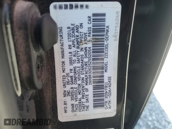 2005 Toyota Corolla CE with VIN 1NXBR32E25Z552054, listed as a Copart auction lot 63416885 with 299,999 mi miles and Clean title. Bid and sale history available at DreamBid. Image 12.