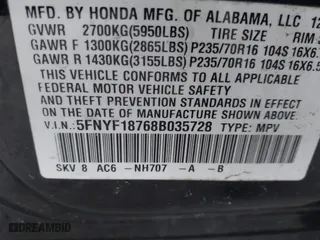 2008 Honda Pilot EX-L with VIN 5FNYF18768B035728, listed as a IAAI auction lot 41492820 with 118,420 mi miles. Bid and sale history available at carsss.com. Image 9.