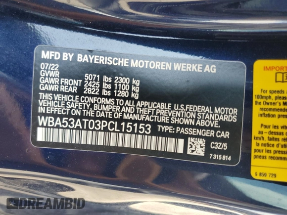 2023 BMW 4 Series M440i with VIN WBA53AT03PCL15153, listed as a Copart auction lot 49828855 with 7,354 mi miles and Salvage Title. Bid and sale history available at DreamBid. Image 13.